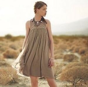 ANTHROPOLOGIE Moulinette Soeurs Bejeweled Sonora Tan Mini Trapeze Dress